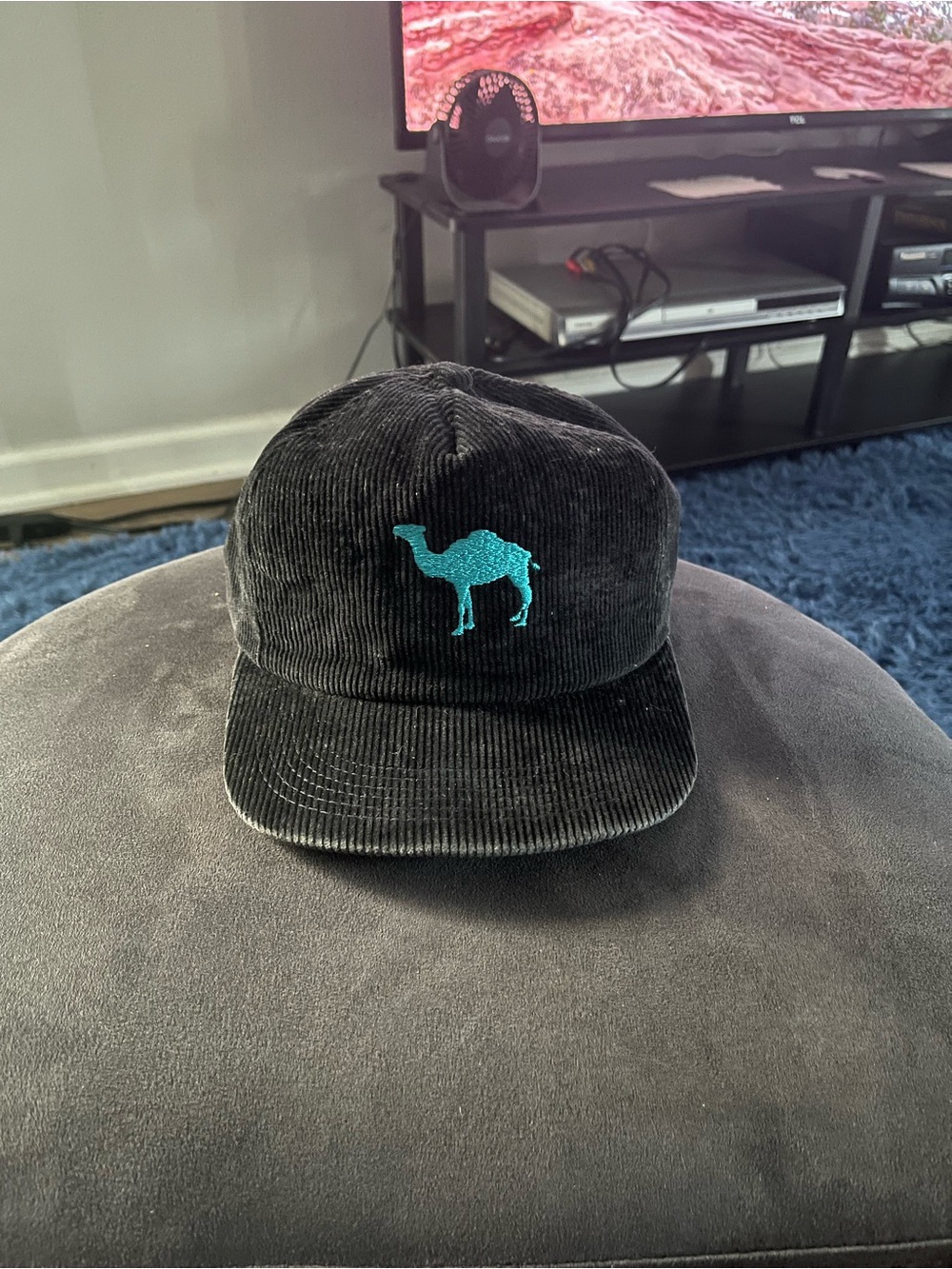Vintage Camel Black Corduroy 5-Panel Cap with Teal Embroidery